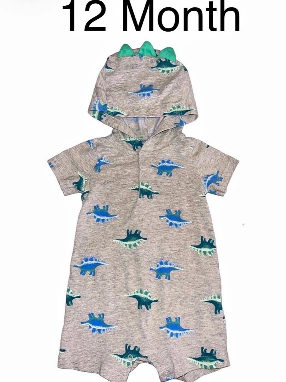 Carters Dinosaur Hooded Romper Gray Blue Baby 12M Like New
